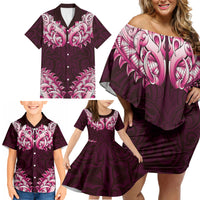 New Zealand Ta Moko Family Matching Off Shoulder Short Dress and Hawaiian Shirt Aotearoa Maori Chest Tattoo Pink