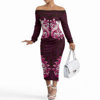 New Zealand Ta Moko Off The Shoulder Long Sleeve Dress Aotearoa Maori Chest Tattoo Pink LT14 Women Pink - Polynesian Pride