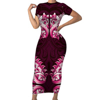 New Zealand Ta Moko Short Sleeve Bodycon Dress Aotearoa Maori Chest Tattoo Pink LT14 Long Dress Pink - Polynesian Pride
