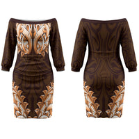 New Zealand Ta Moko Couples Matching Off The Shoulder Long Sleeve Dress and Hawaiian Shirt Aotearoa Maori Chest Tattoo Orange