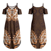 New Zealand Ta Moko Couples Matching Summer Maxi Dress and Long Sleeve Button Shirt Aotearoa Maori Chest Tattoo Orange