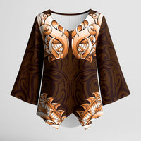 New Zealand Ta Moko Kimono Sleeve Blouse Aotearoa Maori Chest Tattoo Orange