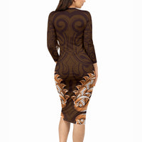 New Zealand Ta Moko Long Sleeve Bodycon Dress Aotearoa Maori Chest Tattoo Orange LT14 - Polynesian Pride