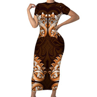 New Zealand Ta Moko Short Sleeve Bodycon Dress Aotearoa Maori Chest Tattoo Orange LT14 Long Dress Orange - Polynesian Pride