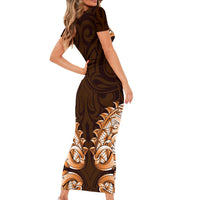 New Zealand Ta Moko Short Sleeve Bodycon Dress Aotearoa Maori Chest Tattoo Orange LT14 - Polynesian Pride
