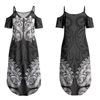 New Zealand Ta Moko Couples Matching Summer Maxi Dress and Hawaiian Shirt Aotearoa Maori Chest Tattoo Black