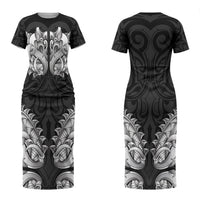 New Zealand Ta Moko Family Matching Short Sleeve Bodycon Dress and Hawaiian Shirt Aotearoa Maori Chest Tattoo Black