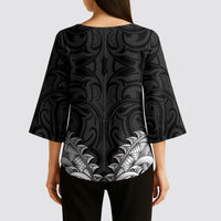 New Zealand Ta Moko Kimono Sleeve Blouse Aotearoa Maori Chest Tattoo Black