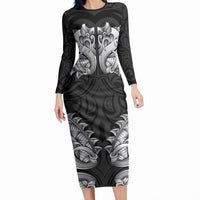 New Zealand Ta Moko Long Sleeve Bodycon Dress Aotearoa Maori Chest Tattoo Black LT14 Long Dress Black - Polynesian Pride