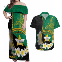 Personalised PNG Enga Provins Couples Matching Off Shoulder Maxi Dress and Hawaiian Shirt Papua New Guinea Plumeria Melanesian Pattern LT14 Black - Polynesian Pride