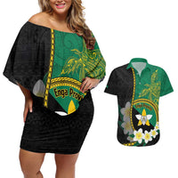 Personalised PNG Enga Provins Couples Matching Off Shoulder Short Dress and Hawaiian Shirt Papua New Guinea Plumeria Melanesian Pattern LT14 Black - Polynesian Pride