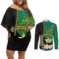 Personalised PNG Enga Provins Couples Matching Off Shoulder Short Dress and Long Sleeve Button Shirt Papua New Guinea Plumeria Melanesian Pattern - Polynesian Pride