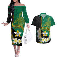 Personalised PNG Enga Provins Couples Matching Off The Shoulder Long Sleeve Dress and Hawaiian Shirt Papua New Guinea Plumeria Melanesian Pattern LT14 Black - Polynesian Pride