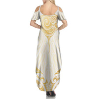 Gold White New Zealand Manta Ray Family Matching Summer Maxi Dress and Hawaiian Shirt Aotearoa Maori Haehae LT14 - Polynesian Pride
