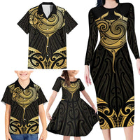 Gold Black New Zealand Manta Ray Family Matching Long Sleeve Bodycon Dress and Hawaiian Shirt Aotearoa Maori Haehae LT14 - Polynesian Pride