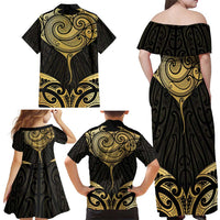 Gold Black New Zealand Manta Ray Family Matching Off Shoulder Maxi Dress and Hawaiian Shirt Aotearoa Maori Haehae LT14 - Polynesian Pride