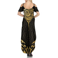 Gold Black New Zealand Manta Ray Family Matching Summer Maxi Dress and Hawaiian Shirt Aotearoa Maori Haehae LT14 - Polynesian Pride