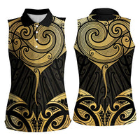Gold Black New Zealand Manta Ray Women Sleeveless Polo Shirt Aotearoa Maori Haehae LT14 - Polynesian Pride