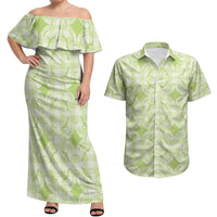 Omaomao Hawaii Iwa Bird Palaka Motifs Couples Matching Off Shoulder Maxi Dress and Hawaiian Shirt LT14 Green - Polynesian Pride