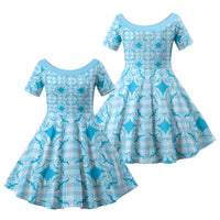 Polu Hawaii Iwa Bird Palaka Motifs Family Matching Puletasi and Hawaiian Shirt LT14 Daughter's Dress Blue - Polynesian Pride