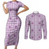Poni Hawaii Iwa Bird Palaka Motifs Couples Matching Short Sleeve Bodycon Dress and Long Sleeve Button Shirt LT14 Purple - Polynesian Pride