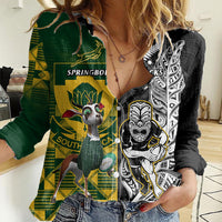 Custom South Africa And Aotearoa Rugby Women Casual Shirt 2023 Springboks Kente Combine All Black Maori Fern LT14 Female Green - Polynesian Pride