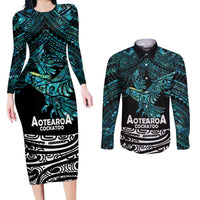 New Zealand Sulphur-crested Cockatoo Couples Matching Long Sleeve Bodycon Dress and Long Sleeve Button Shirt Aotearoa Maori Mix Paua Shell LT14 Turquoise - Polynesian Pride