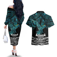 New Zealand Sulphur-crested Cockatoo Couples Matching Off The Shoulder Long Sleeve Dress and Hawaiian Shirt Aotearoa Maori Mix Paua Shell LT14 - Polynesian Pride