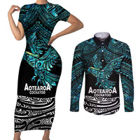 New Zealand Sulphur-crested Cockatoo Couples Matching Short Sleeve Bodycon Dress and Long Sleeve Button Shirt Aotearoa Maori Mix Paua Shell LT14 Turquoise - Polynesian Pride