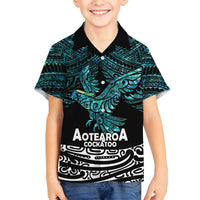 New Zealand Sulphur-crested Cockatoo Family Matching Long Sleeve Bodycon Dress and Hawaiian Shirt Aotearoa Maori Mix Paua Shell LT14 Son's Shirt Turquoise - Polynesian Pride