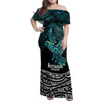 New Zealand Sulphur-crested Cockatoo Family Matching Off Shoulder Maxi Dress and Hawaiian Shirt Aotearoa Maori Mix Paua Shell LT14 Mom's Dress Turquoise - Polynesian Pride