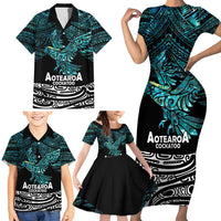 New Zealand Sulphur-crested Cockatoo Family Matching Short Sleeve Bodycon Dress and Hawaiian Shirt Aotearoa Maori Mix Paua Shell LT14 - Polynesian Pride
