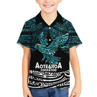 New Zealand Sulphur-crested Cockatoo Family Matching Short Sleeve Bodycon Dress and Hawaiian Shirt Aotearoa Maori Mix Paua Shell LT14 Son's Shirt Turquoise - Polynesian Pride