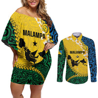 Malampa Province Couples Matching Off Shoulder Short Dress and Long Sleeve Button Shirt Vanuatu Map - Plumeria Flag Color