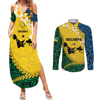 Malampa Province Couples Matching Summer Maxi Dress and Long Sleeve Button Shirt Vanuatu Map - Plumeria Flag Color