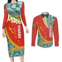 Penama Province Couples Matching Long Sleeve Bodycon Dress and Long Sleeve Button Shirt Vanuatu Map - Plumeria Flag Color