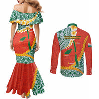 Penama Province Couples Matching Mermaid Dress and Long Sleeve Button Shirt Vanuatu Map - Plumeria Flag Color