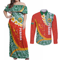 Penama Province Couples Matching Off Shoulder Maxi Dress and Long Sleeve Button Shirt Vanuatu Map - Plumeria Flag Color
