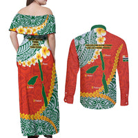 Penama Province Couples Matching Off Shoulder Maxi Dress and Long Sleeve Button Shirt Vanuatu Map - Plumeria Flag Color