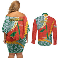 Penama Province Couples Matching Off Shoulder Short Dress and Long Sleeve Button Shirt Vanuatu Map - Plumeria Flag Color