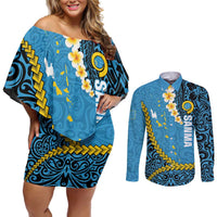 Sanma Province Couples Matching Off Shoulder Short Dress and Long Sleeve Button Shirt Vanuatu Pattern Myna Bird - Plumeria Flag Color