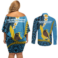 Sanma Province Couples Matching Off Shoulder Short Dress and Long Sleeve Button Shirt Vanuatu Pattern Myna Bird - Plumeria Flag Color