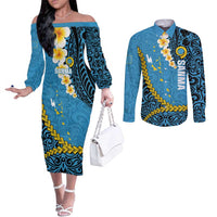 Sanma Province Couples Matching Off The Shoulder Long Sleeve Dress and Long Sleeve Button Shirt Vanuatu Pattern Myna Bird - Plumeria Flag Color