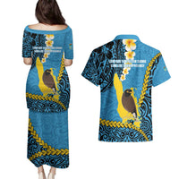 Sanma Province Couples Matching Puletasi and Hawaiian Shirt Vanuatu Pattern Myna Bird - Plumeria Flag Color