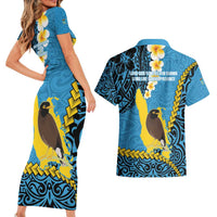 Sanma Province Couples Matching Short Sleeve Bodycon Dress and Hawaiian Shirt Vanuatu Pattern Myna Bird - Plumeria Flag Color LT14 - Polynesian Pride