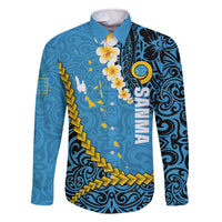 Sanma Province Family Matching Off The Shoulder Long Sleeve Dress and Hawaiian Shirt Vanuatu Pattern Myna Bird - Plumeria Flag Color LT14 Dad's Shirt - Long Sleeve Blue - Polynesian Pride