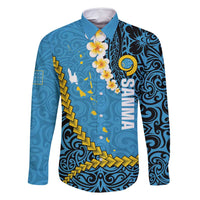 Sanma Province Family Matching Off Shoulder Short Dress and Hawaiian Shirt Vanuatu Pattern Myna Bird - Plumeria Flag Color LT14 Dad's Shirt - Long Sleeve Blue - Polynesian Pride