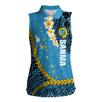 Sanma Province Women Sleeveless Polo Shirt Vanuatu Pattern Myna Bird - Plumeria Flag Color