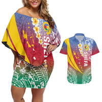 Shefa Province Couples Matching Off Shoulder Short Dress and Hawaiian Shirt Vanuatu Pattern Map - Plumeria Flag Color