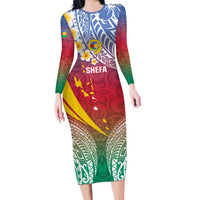 Shefa Province Family Matching Long Sleeve Bodycon Dress and Hawaiian Shirt Vanuatu Pattern Map - Plumeria Flag Color